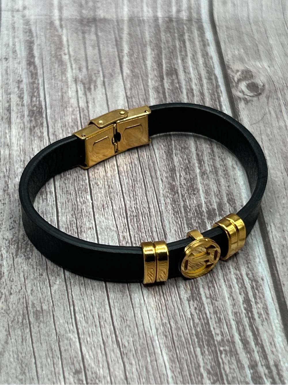 NEW Black Leather Bracelet with Gold-Toned H Accent